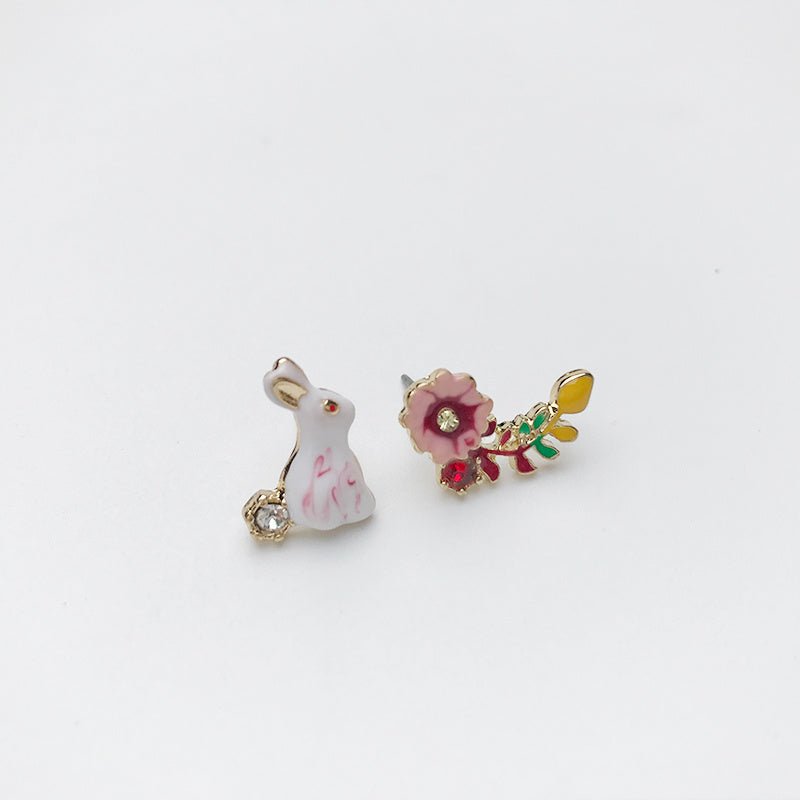 Literary French Enamel Dripping Glaze Alice Bunny Diamond Flower Stud Earrings-Jewearrings