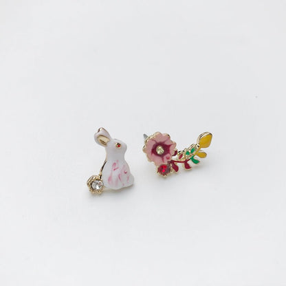 Literary French Enamel Dripping Glaze Alice Bunny Diamond Flower Stud Earrings-Jewearrings