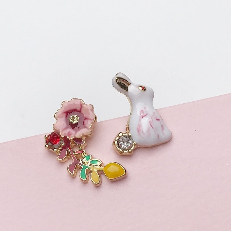 Literary French Enamel Dripping Glaze Alice Bunny Diamond Flower Stud Earrings-Jewearrings