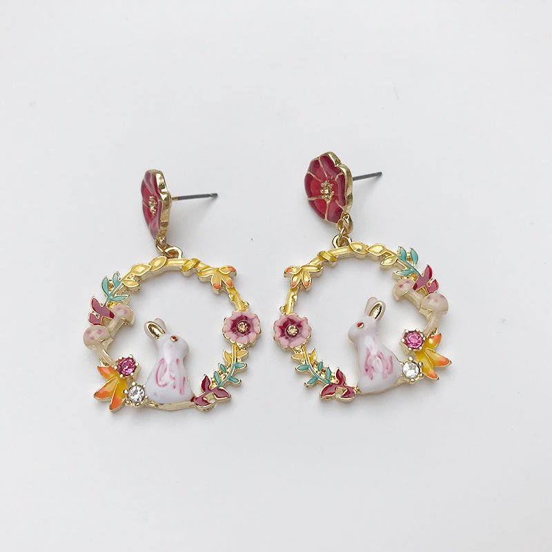 Literary French Enamel Dripping Glaze Alice Bunny Diamond Flower Stud Earrings-Jewearrings