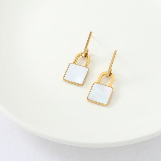 Lock Shape Earrings Simple Square Shell Pendant-Jewearrings