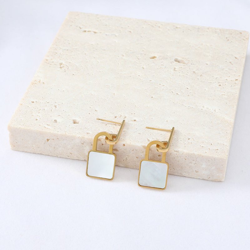 Lock Shape Earrings Simple Square Shell Pendant-Jewearrings