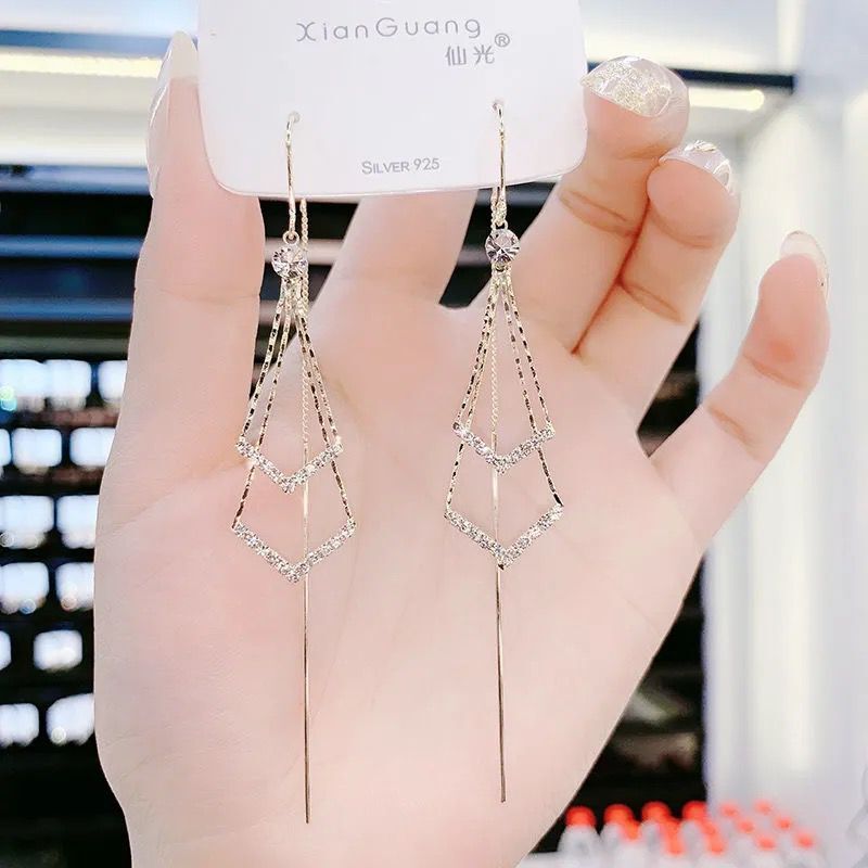 Long Diamond Tassel Silver Needle Earrings-Jewearrings