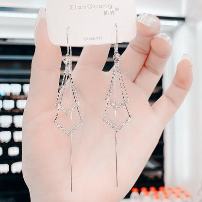 Long Diamond Tassel Silver Needle Earrings-Jewearrings