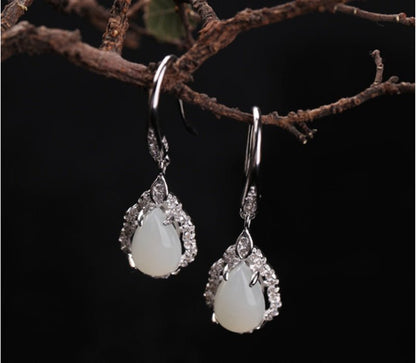 Long Earrings 925 Sterling Silver Inlaid Hetian Jade Earrings-Jewearrings