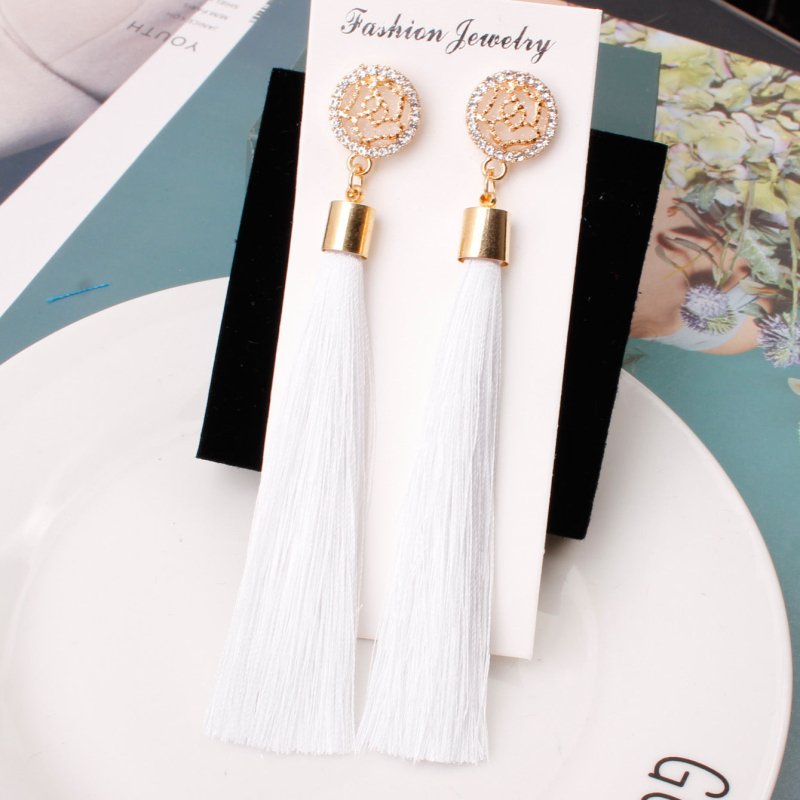 Long Elegant Tassel Earrings Diamond-embedded Rice Tassel Eardrop Earring Women-Jewearrings