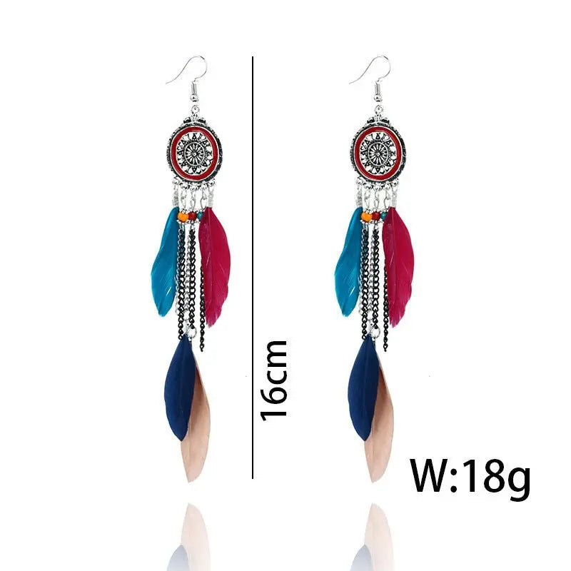 Long Feather Earring Tassels - Bohemian Vintage Style-Jewearrings