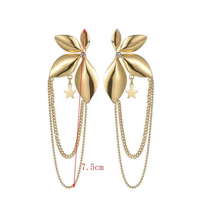 Long Flower Studded Diamond Tassel Stainless Steel Earrings-Jewearrings