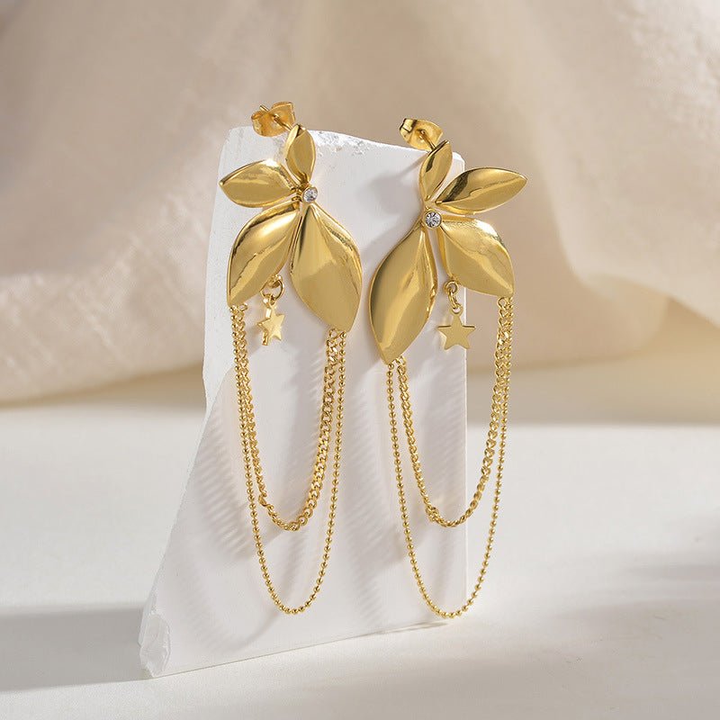 Long Flower Studded Diamond Tassel Stainless Steel Earrings-Jewearrings