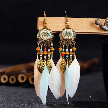 Long Fringe Feather Earrings with Oil Painting Accents-Jewearrings