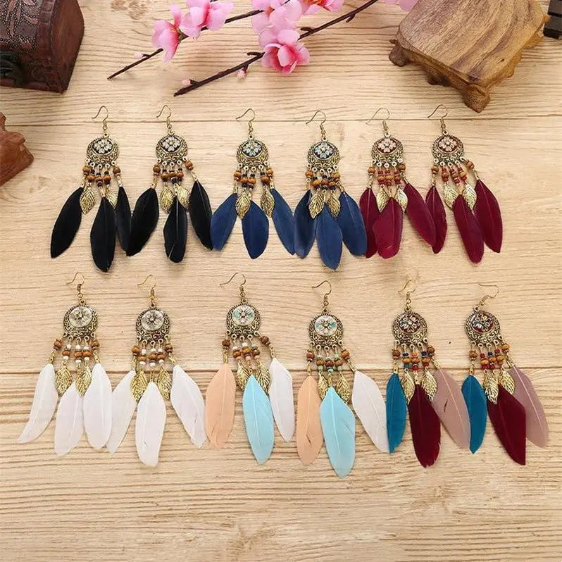 Long Fringe Feather Earrings with Oil Painting Accents-Jewearrings