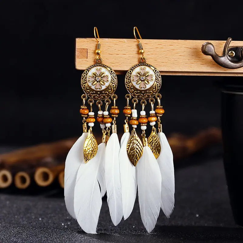 Long Fringe Feather Earrings with Oil Painting Accents-Jewearrings