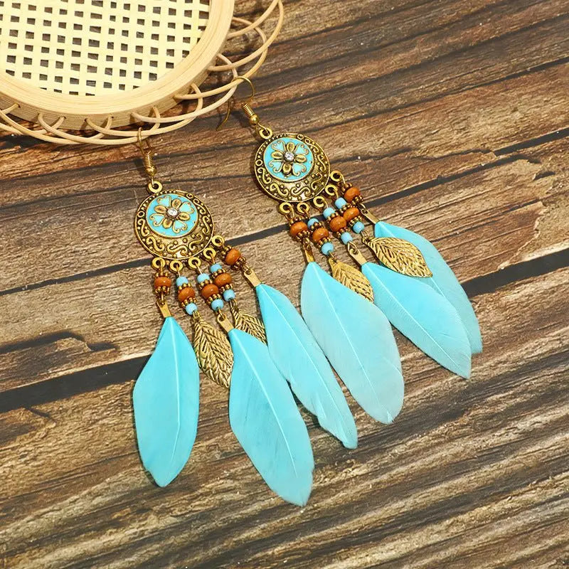 Long Fringe Feather Earrings with Oil Painting Accents-Jewearrings