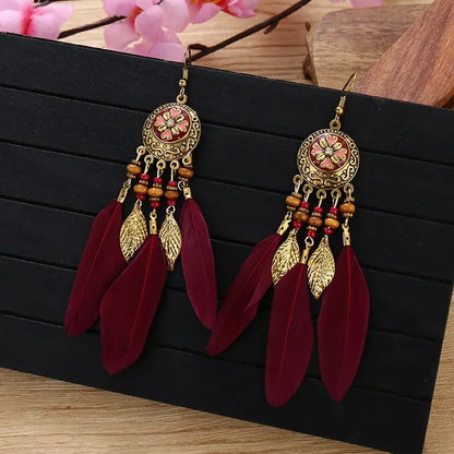 Long Fringe Feather Earrings with Oil Painting Accents-Jewearrings