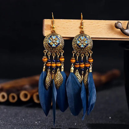 Long Fringe Feather Earrings with Oil Painting Accents-Jewearrings