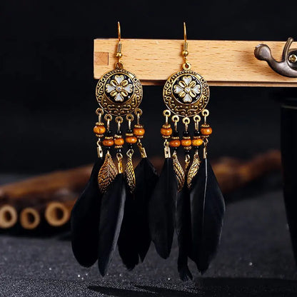 Long Fringe Feather Earrings with Oil Painting Accents-Jewearrings