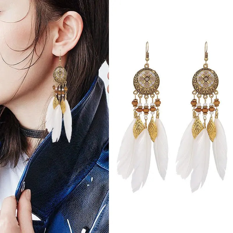 Long Fringe Feather Earrings with Oil Painting Accents-Jewearrings