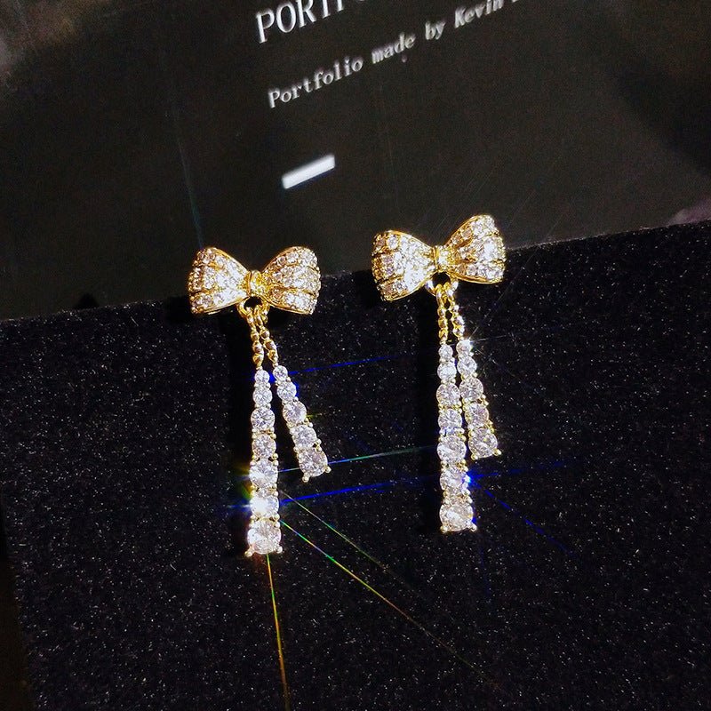 Long Full Diamond Bow Earrings Sweet And Fashionable-Jewearrings