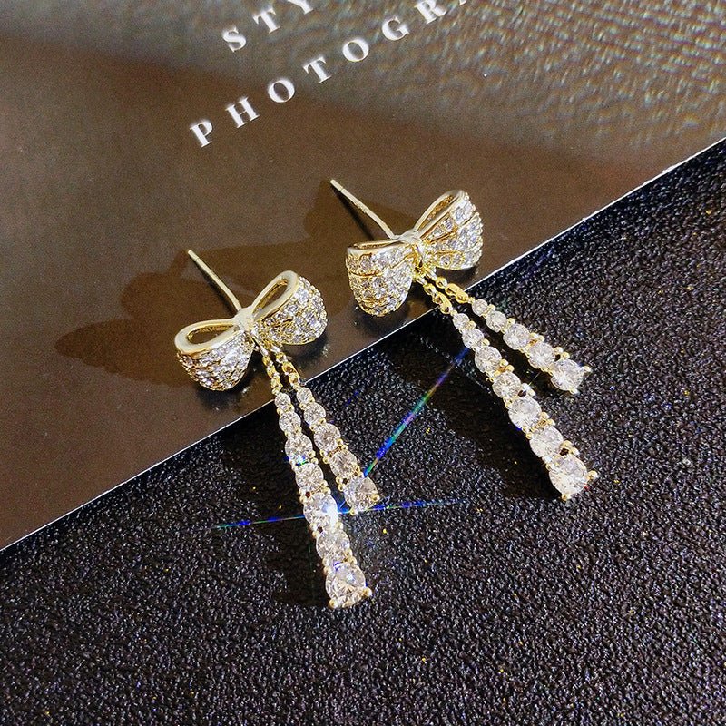 Long Full Diamond Bow Earrings Sweet And Fashionable-Jewearrings