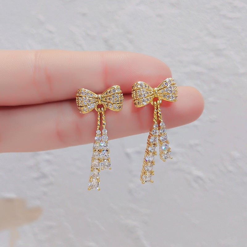 Long Full Diamond Bow Earrings Sweet And Fashionable-Jewearrings