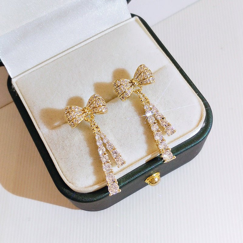 Long Full Diamond Bow Earrings Sweet And Fashionable-Jewearrings