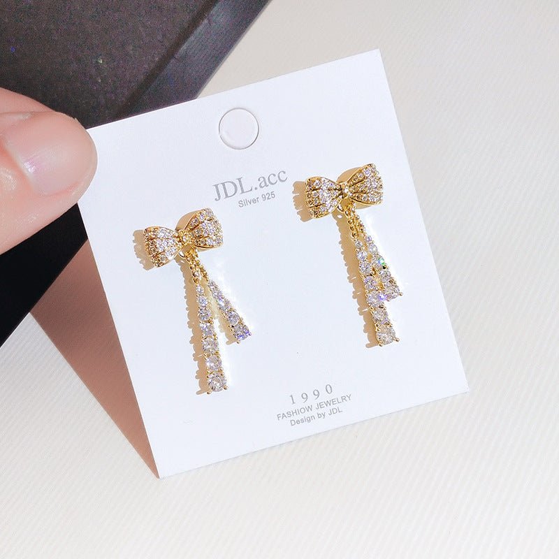 Long Full Diamond Bow Earrings Sweet And Fashionable-Jewearrings