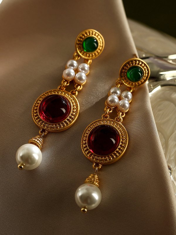 Long Glazed Pearl Dinner Silver Pin Earrings-Jewearrings