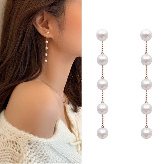 Long Pearl String Tassel Silver Earrings With Simple Personality-Jewearrings