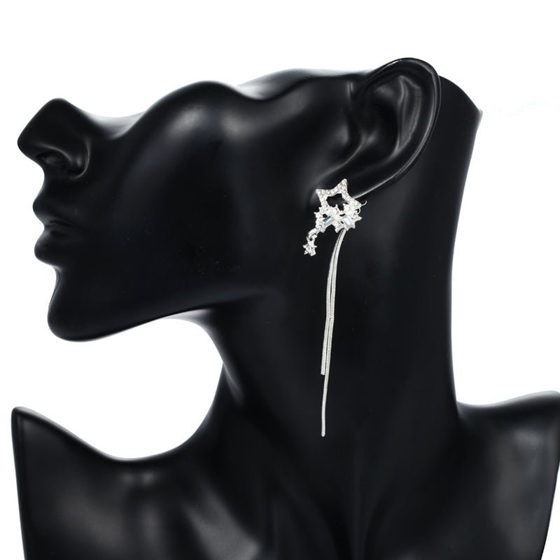 Long Silver Five-Pointed Star Earrings-Jewearrings