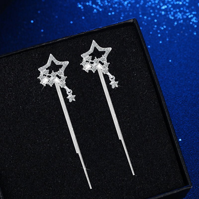 Long Silver Five-Pointed Star Earrings-Jewearrings