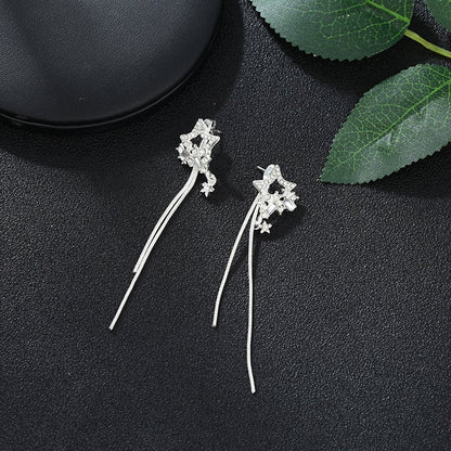 Long Silver Five-Pointed Star Earrings-Jewearrings