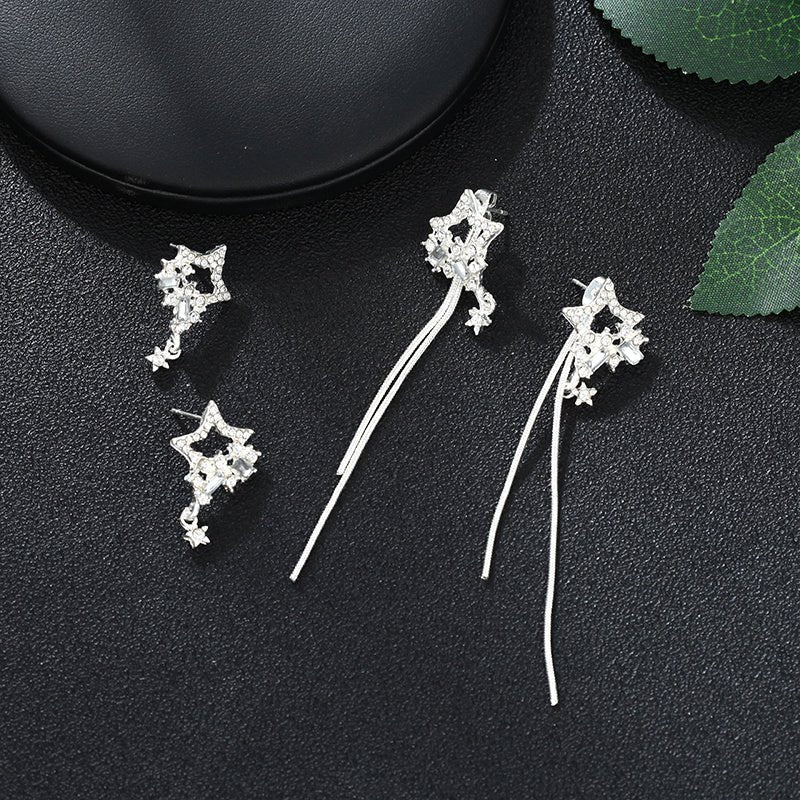 Long Silver Five-Pointed Star Earrings-Jewearrings