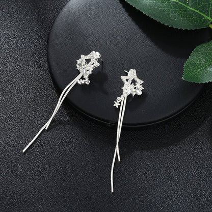 Long Silver Five-Pointed Star Earrings-Jewearrings