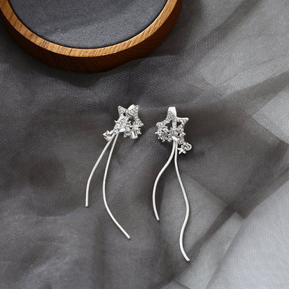 Long Silver Five-Pointed Star Earrings-Jewearrings