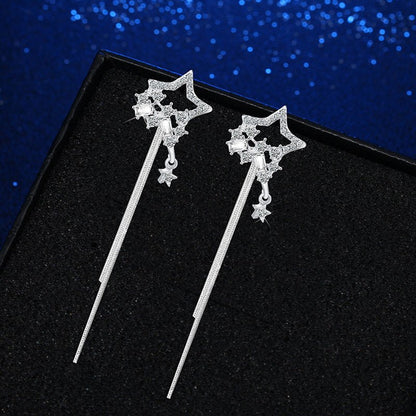 Long Silver Five-Pointed Star Earrings-Jewearrings