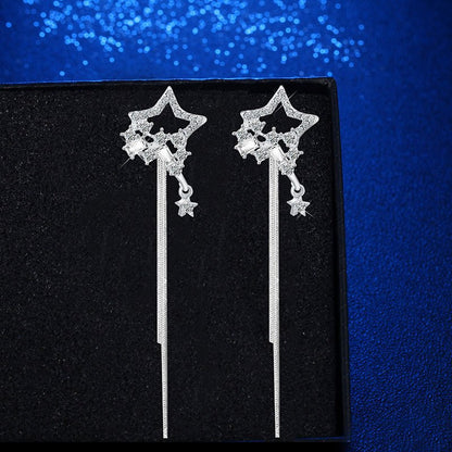 Long Silver Five-Pointed Star Earrings-Jewearrings