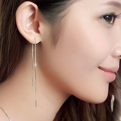 Long simple tassel silver earrings-Jewearrings