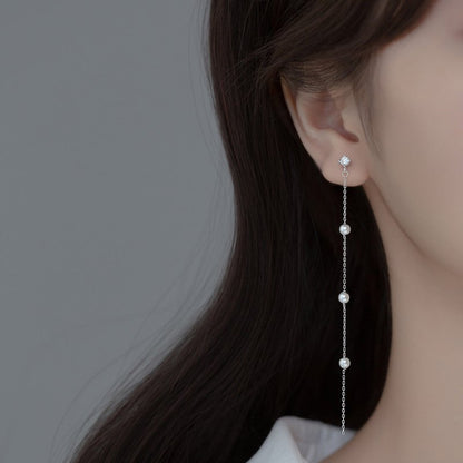 Long Tassel 925 Silver Diamond Pearl Earrings-Jewearrings