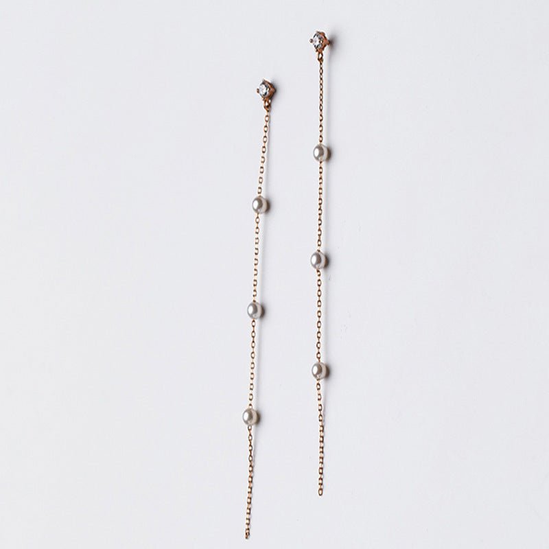 Long Tassel 925 Silver Diamond Pearl Earrings-Jewearrings