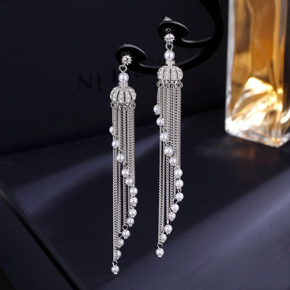 Long Tassel Crown Earrings Women's 925 Silver Needle-Jewearrings