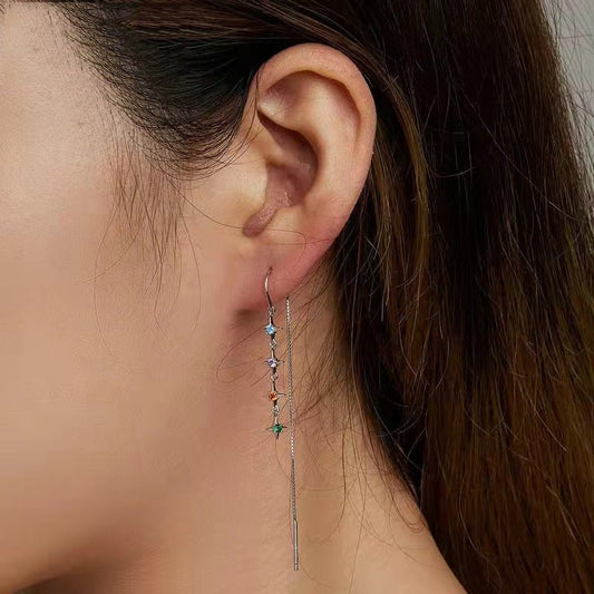 Los Man Silver S925 Stars Color Zirconium Hanging Earrings Simple Colorful Zircon Starry Sky Long Line Earrings Ear Studs-Jewearrings