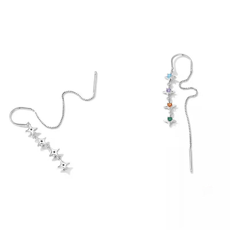 Los Man Silver S925 Stars Color Zirconium Hanging Earrings Simple Colorful Zircon Starry Sky Long Line Earrings Ear Studs-Jewearrings