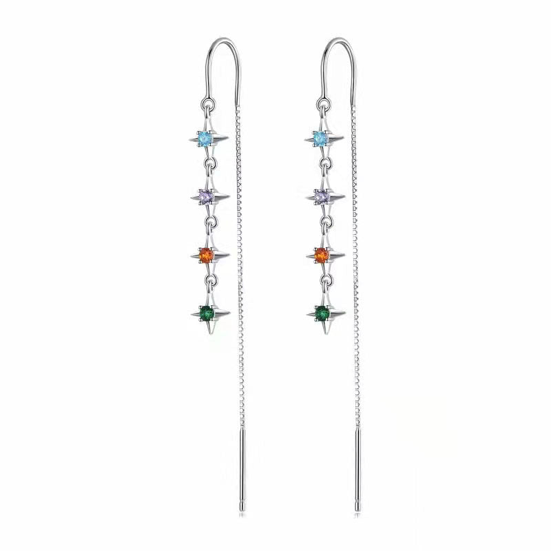 Los Man Silver S925 Stars Color Zirconium Hanging Earrings Simple Colorful Zircon Starry Sky Long Line Earrings Ear Studs-Jewearrings