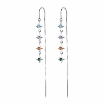 Los Man Silver S925 Stars Color Zirconium Hanging Earrings Simple Colorful Zircon Starry Sky Long Line Earrings Ear Studs-Jewearrings