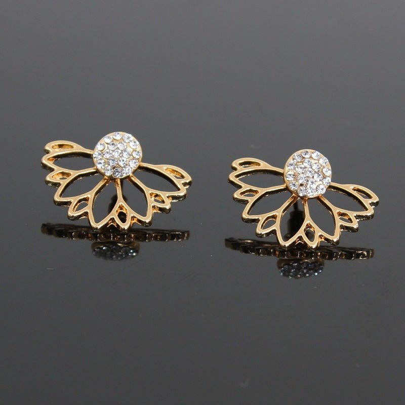 Lotus-shaped diamond-studded pierced earrings-Jewearrings