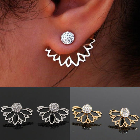 Lotus-shaped diamond-studded pierced earrings-Jewearrings