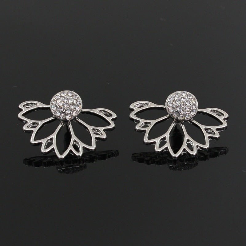 Lotus-shaped diamond-studded pierced earrings-Jewearrings