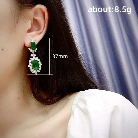 Luxurious Inlaid Emerald Princess Square Diamond Earrings-Jewearrings