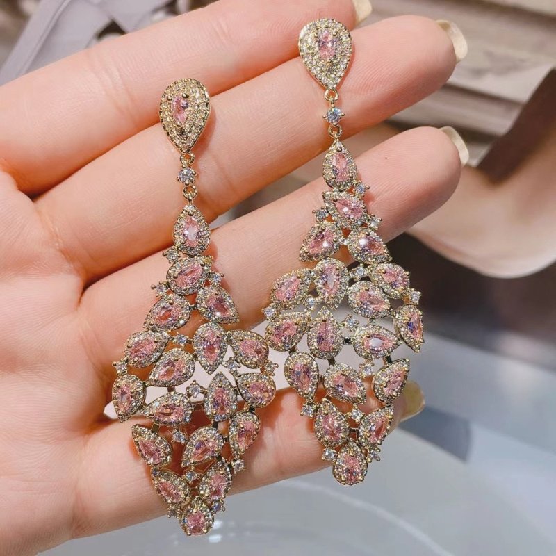 Luxury Full Zircon Water Drop Tassel Large Diamond Drop Earrings-Jewearrings