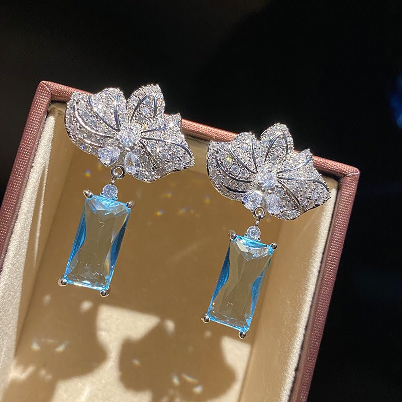 Maple Leaf Diamond Long Blue Diamond Pendant Earrings-Jewearrings